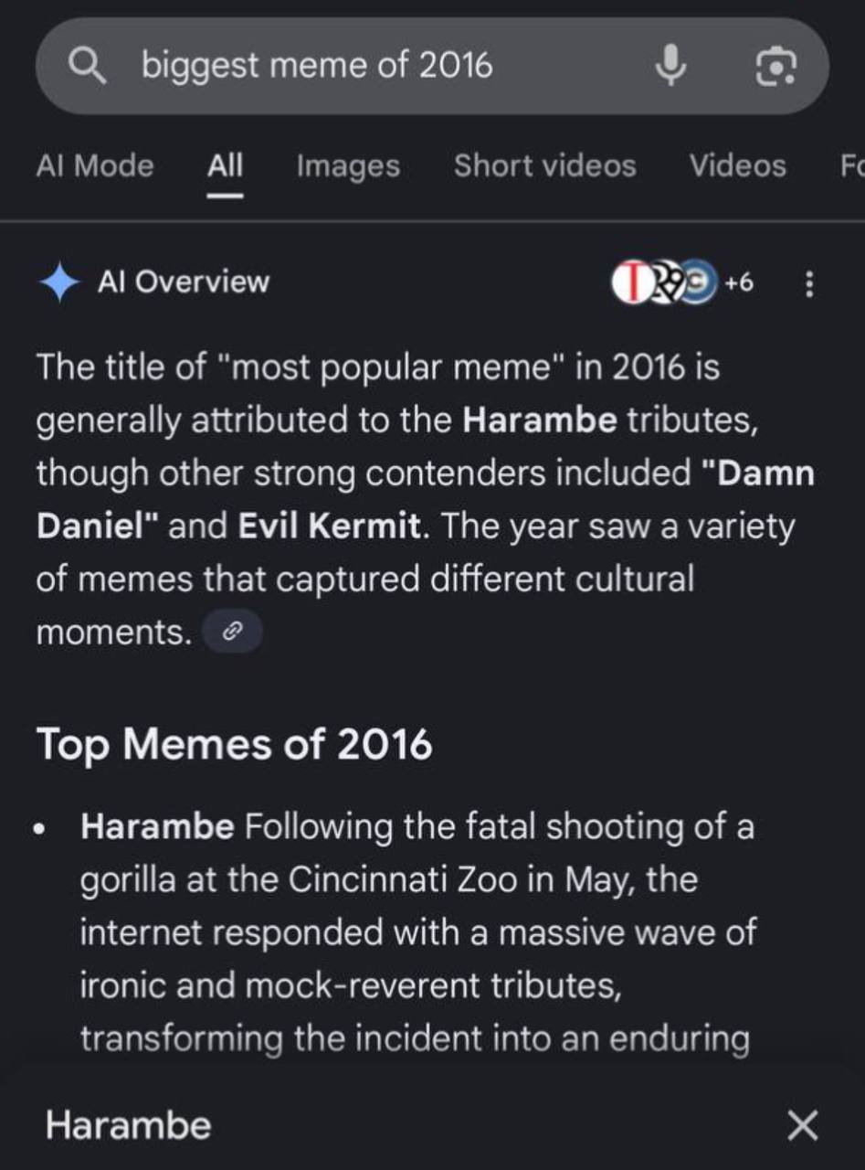 Google search showing Harambe as the most viral meme of 2016